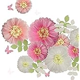 Fonder Mols Tissue Paper Chrysanth Flowers with Butterfly and Olive Leaves for Wedding Baby Shower Nursery Room Parties & Events Decorations Pom Poms (White Light Pink Pink)