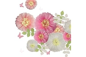 Fonder Mols Tissue Paper Chrysanth Flowers with Butterfly and Olive Leaves for Wedding Baby Shower Nursery Room Parties & Events Decorations Pom Poms (Set of 21, White Pink)