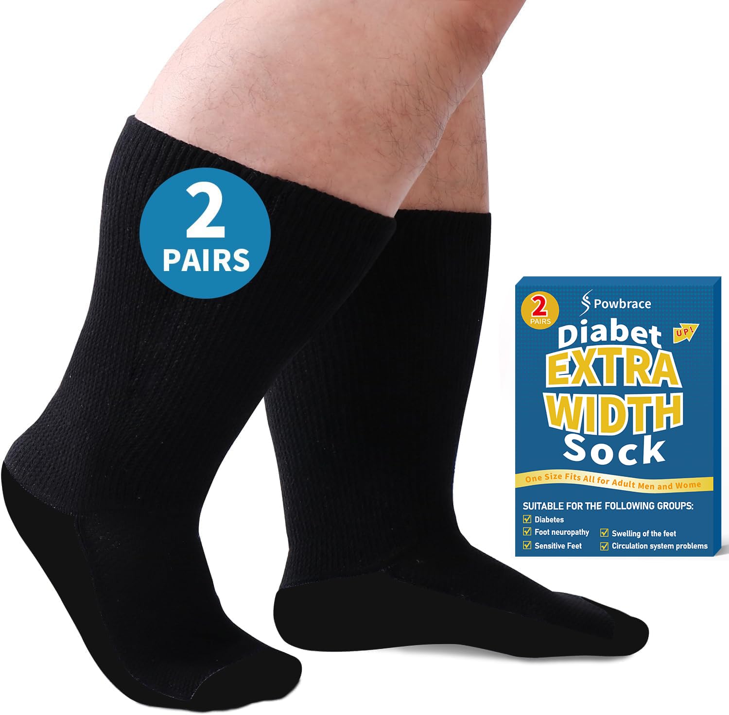 Powbrace 2 Pairs Wide Diabetic Socks for Men Women Plus Size,Lymphedema Socks,Socks for Swollen Feet and Ankles,Edema Socks,Loose Fit Socks,Non-Binding Socks,Bariatric Socks,Hospital Cast Socks-All Black