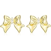 Mierfyni Gold Bow Earrings for Women Trendy Small Cute Rhinestone Ribbon Bow Stud Earrings