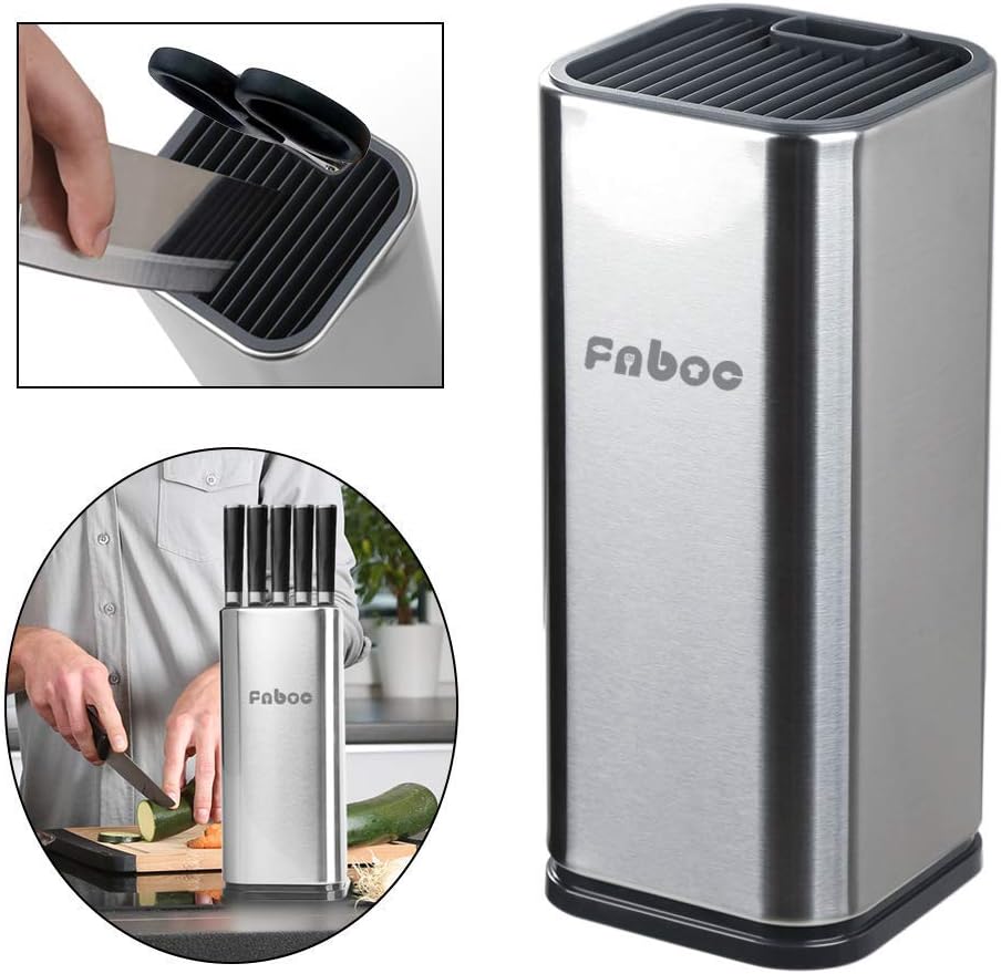 Stainless Steel Knife Block, Fnboc Knife Holder 14 Slot - Knife Sharpener Rod/Scissor - Universal Knife Storage Organizer Without Knives - Drainage Hole & Easy to Clean & Save Space