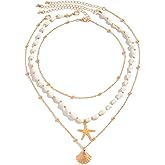 nylry Seashell Necklace for Women Gold Layered Sea Shell Necklace Boho Summer Beach Necklaces for Women Adjustable Pearl Conch Starfish Necklaces Vacation Coastal Beachy Jewelry Outfits Accessories