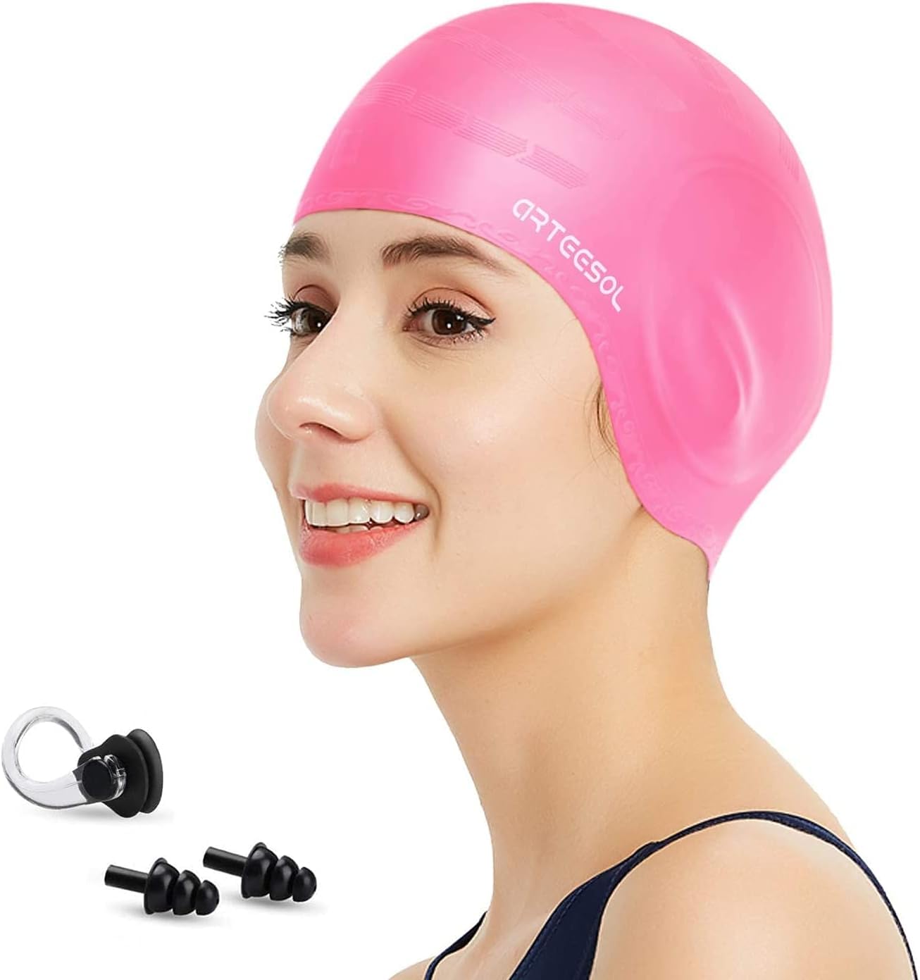 Blackace arteesol Swimming Cap Women Swimming Hat Silicone Swim Cap Swim Hat Waterproof Cap, 3D Ear Ergonomic Design, Anti-Slip Long Hair, Swimming Cap for Women
