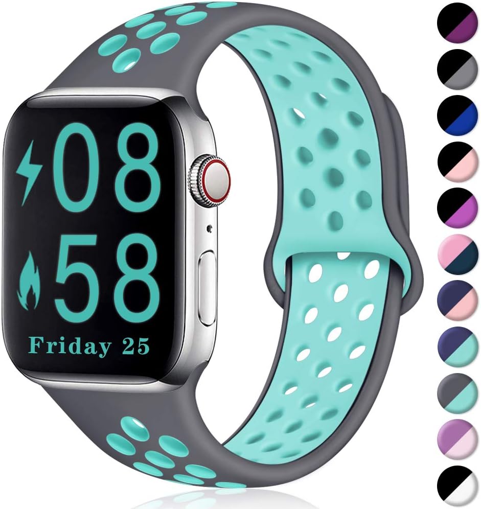 Comvin Compatible for Apple Watch Band 42mm 44mm, Soft Silicone Sport Band Breathable Replacement Wristband Compatible for iWatch Series 5/4/3/2/1, Gray/Teal S/M