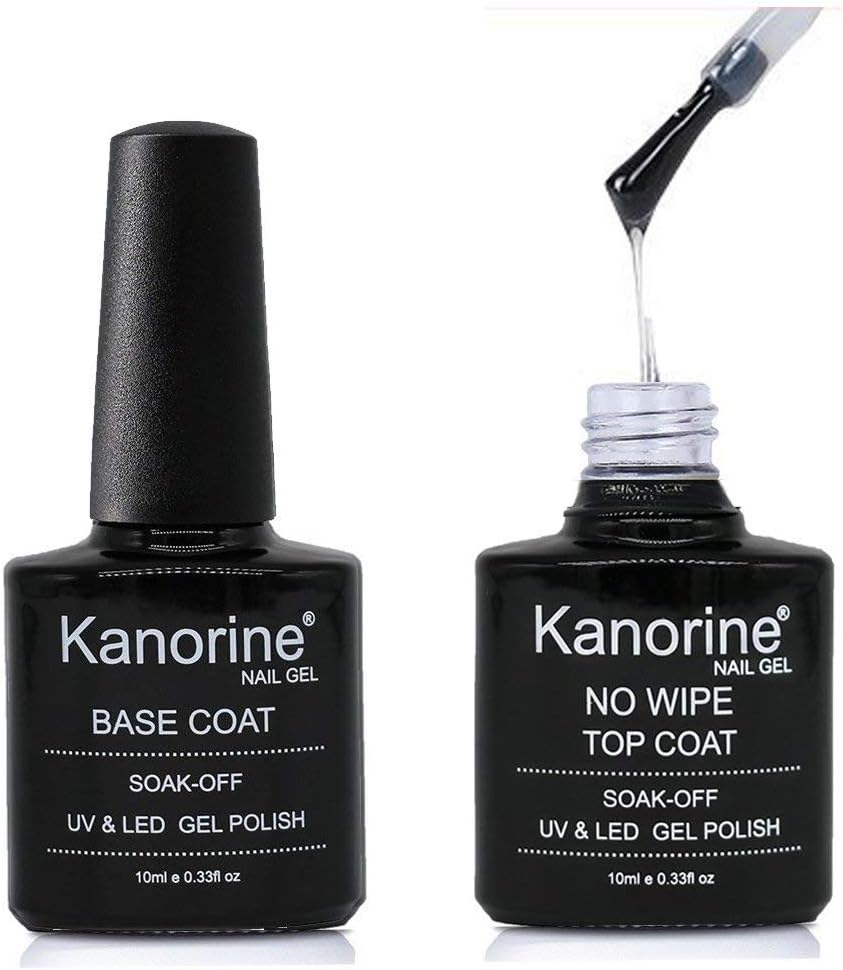 Kanorine No-Wipe Top and Base Coat Gel Nail Polish Set Soak-Off UV/LED Gel Nail Lacquer Long-Lasting Gloss and Shiny Finish- 2 x 10ml : Beauty