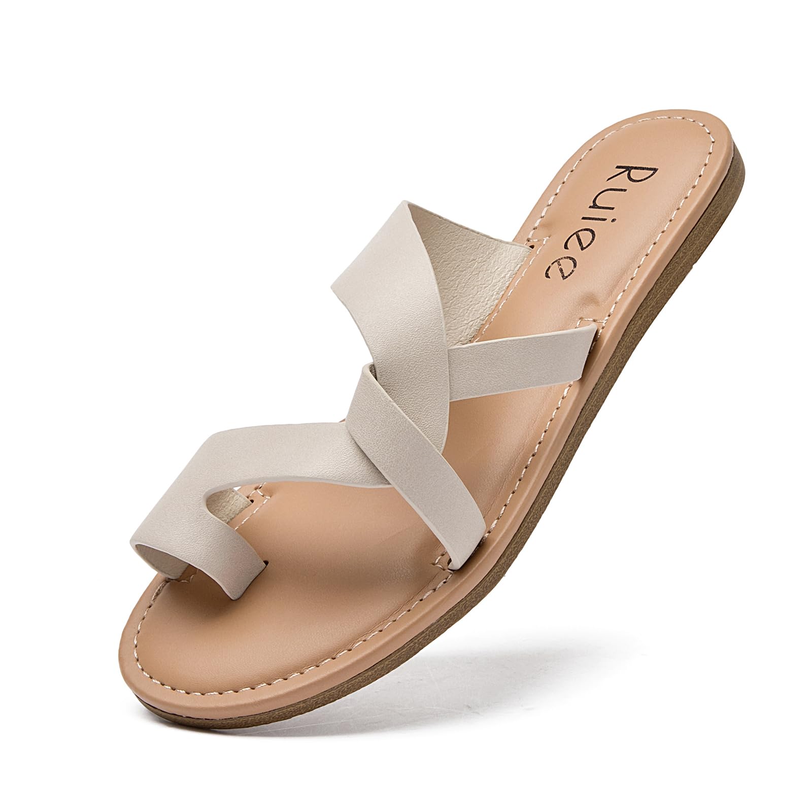 Photo 1 of *** so used***Ruiee Women's Flat Slides Sandals, Summer Flip Flops Comfort Round Open Toe Slip On Strap Thong Beach Shoes for Women.(LR22003,Beige,Size8)