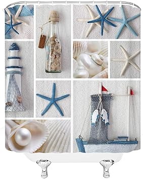 Amazon Com Nautical Shower Curtain Marine Sail Boat Beach Starfish Shell Sea Life Bathroom Decor Bathroom Accessory With Hooks 70x70 Furniture Decor
