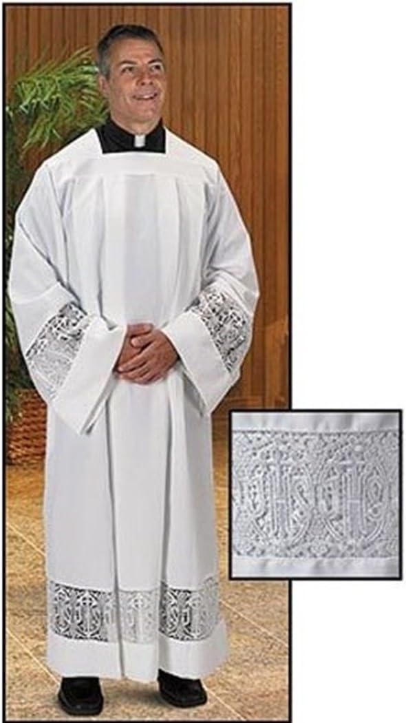 Catholic Factory Outlet White Polyeseter Pleated ALB with Latin Cross and IHS Lace, Large