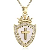 HZMAN Shield Armor of God Cross Necklace for Women 14K Gold Plated Cross Natural Shell Shield Pendant Necklace Protection Jewelry Gift