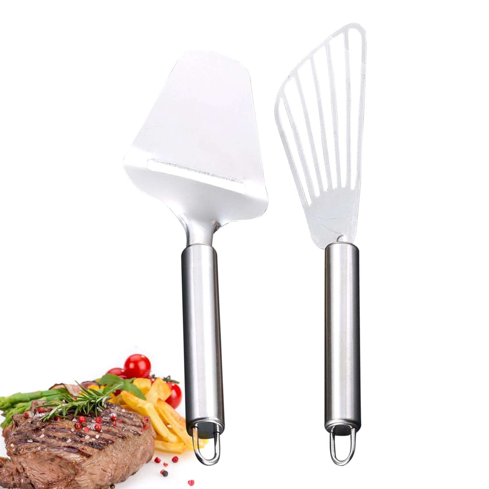 2pcs Stainless Steel Fish Slice Spatula and Cheese Slices/Fish Slice Slotted Turner Non Stick Frying Spatulas Kitchen Utensils for Cooking, Baking, Mixing(Silver)