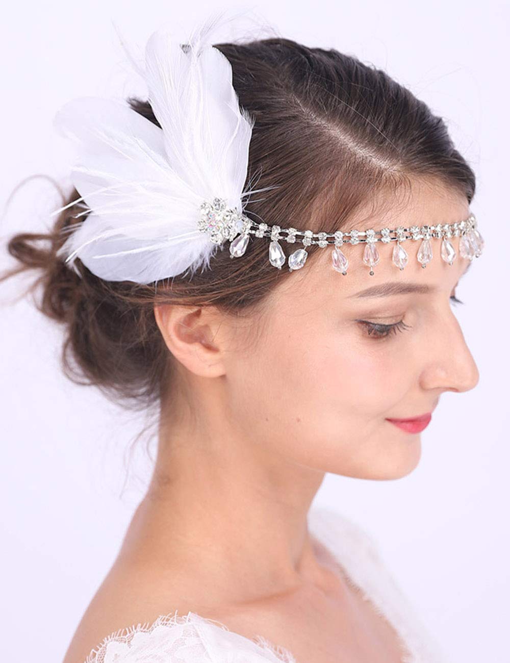 Anglacesmade Bridal Feather Headband White Feather Fascinator Crystal Head Chain with Teardrop Tassel Bohamian Wedding Hair Accessories Prom Festival Hair Piece for Women and Girls