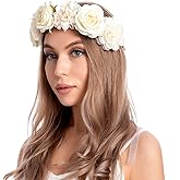 Yheahin Rose Flower Crown Headband for Women Handmade Floral Wreath Hair Band Beach Bridal Wedding Party Flower Headpiece Photo Props (White, Adjustable)