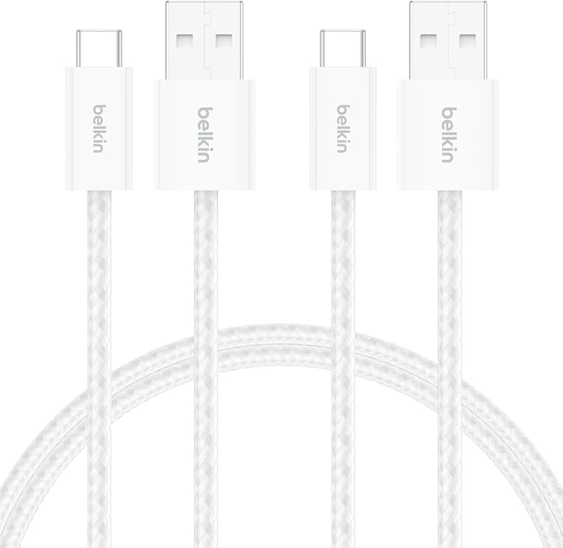 Pacote de 2 cabos trançados USB-A para USB-C de 1,5 m (15 W), carregamento rápido, cabos de alimentação USB tipo C flexíveis para iPhone 17 e 16, Galaxy S25, Pixel 10, iPad Pro e outros, branco