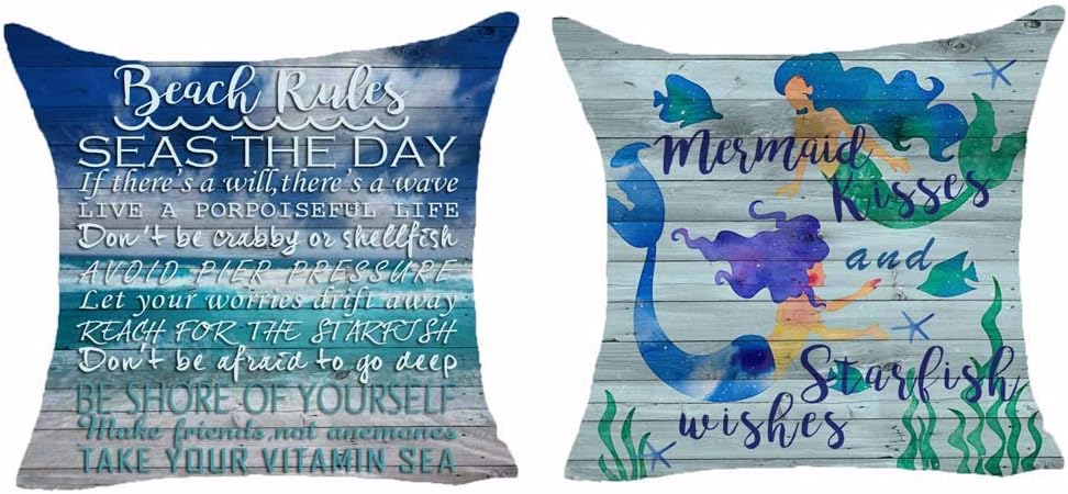 Set of 2 Words Beach Rules Seas The Day Mermaid Kisses and Starfish Wishes Starfish Beach Wave Pillows Cotton Linen Decorative Home Office Throw Pillow Case Couch Cushion Cover 18X18 Inches