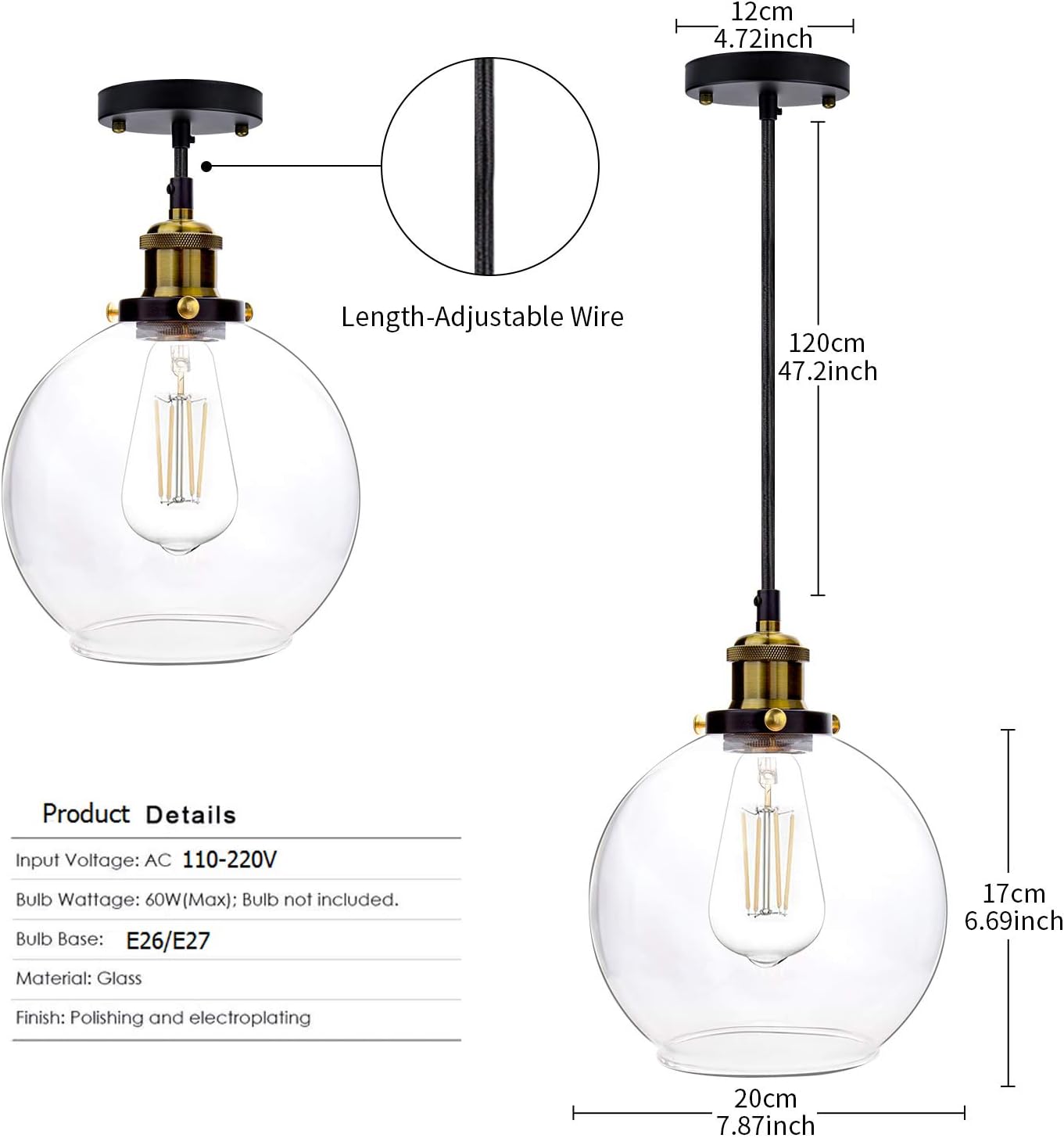 Frideko Vintage Ball Glass Ceiling Pendant Light -7.8 inch Industrial Style Globe Glass Lampshade Hanging Fixture Lighting with Adjustable Cord Length for Kitchen Island Dining Room(20cm) - - 