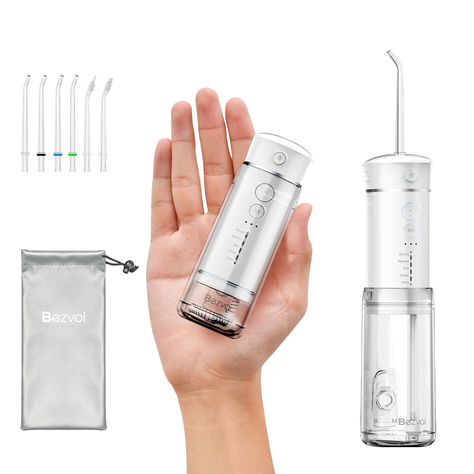 Bezvoi Water Flosser Cordless Travel, Mini Oral Irrigator with Telescopic Water Tank, 5 Modes, 6 Jet Tips, IPX7 Waterproof Electric Portable Water Teeth Cleaner Picks for Braces Bridges Care