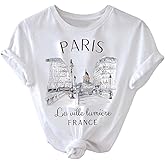 SweatyRocks Women's Paris Letter Graphic Tees Crew Neck Short Sleeve Casual T Shirt Tops