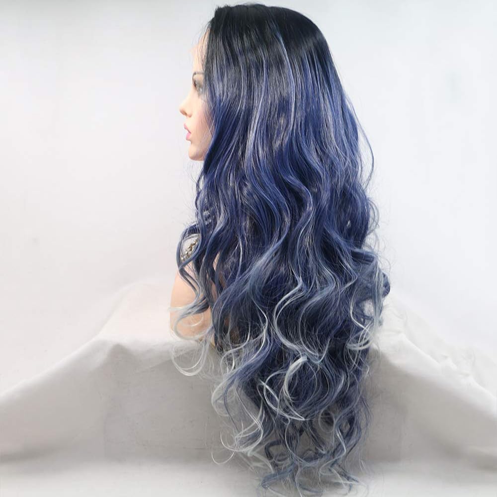 Xiweiya Ombre Blue Blonde Lace Front Wigs with Dark Roots Long Curly Wave Synthetic 13x4 Lace Front Wigs Blonde Tips Heat Resistant Fiber Hair 180% Density Wig For Women 26inch
