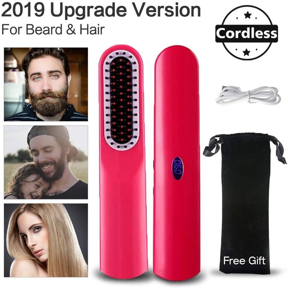 Beard Straightener Brush Hair Styler Comb for Men, Perfuw 2-in-1 USB Rechargeable Cordless Hair Straightening Brush Ceramic Hair Comb, Anti-Scald Quick Styling Ceramic Heating Brush for Men & Women