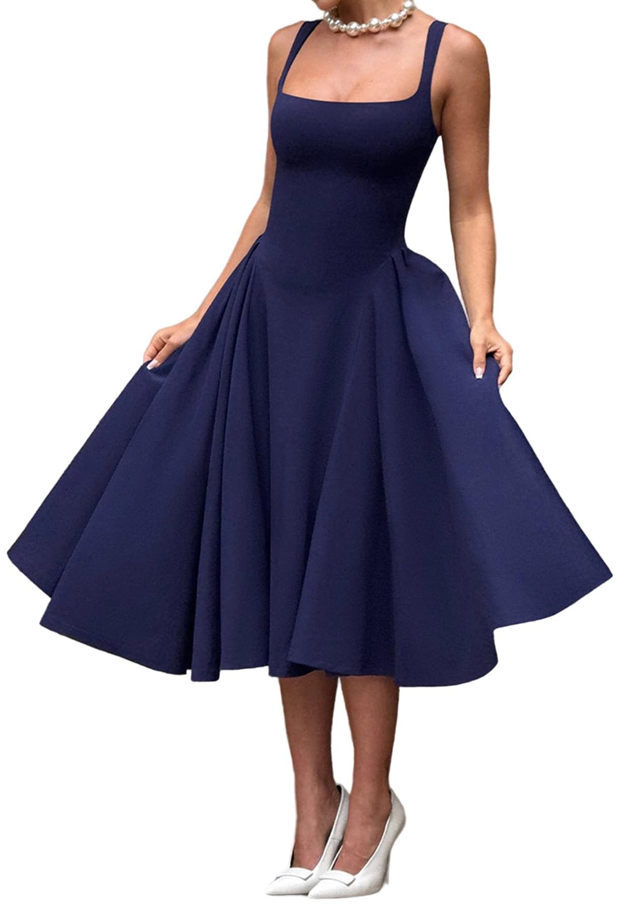 Photo 1 of Quzzion Women's Square Neck Maxi Prom Dresses Flowy A Line Sleeveless Sundress Tank Summer Casual Vacation Dress Blue