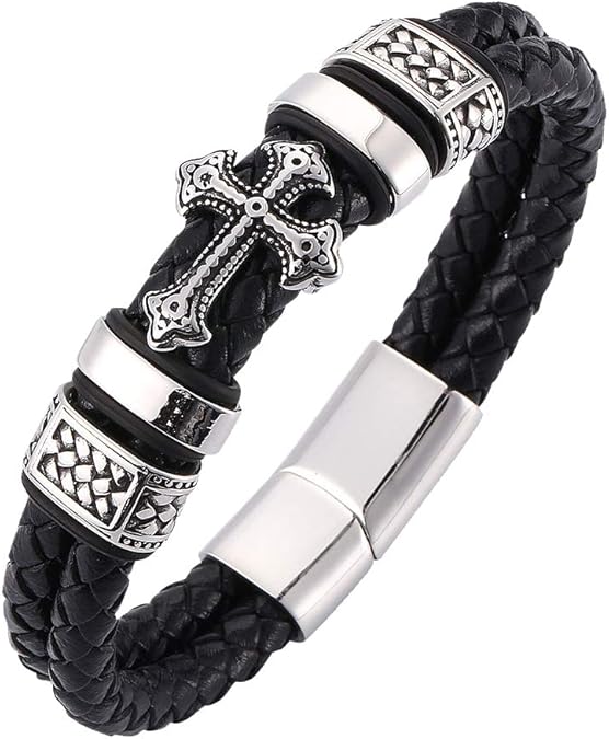 Cross double leather bracelet stainless steel bracelet