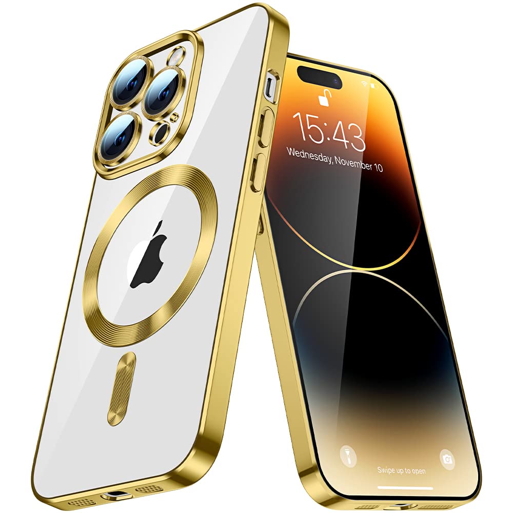 IMEIKONST Magnetic Clear Case Compatible with iPhone 15 Pro 6.1 inch, Transparent Never Yellow Case with MagSafe Shockproof Protection Slim Fit Silicone Bumper Cover for iPhone 15 Pro. Gold YIX