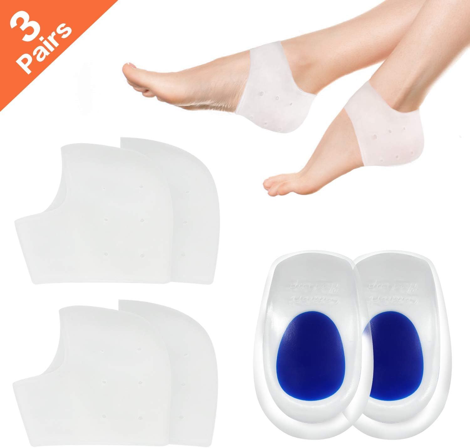 3 Pairs Heel Cups, Professional Reusable Plantar Fasciitis Inserts Pads, Gel Heel Cushion, Silicone Heel Protectors, Great for Plantar Fasciitis, Achilles Tendinitis & Heel Sore, for Women & Men