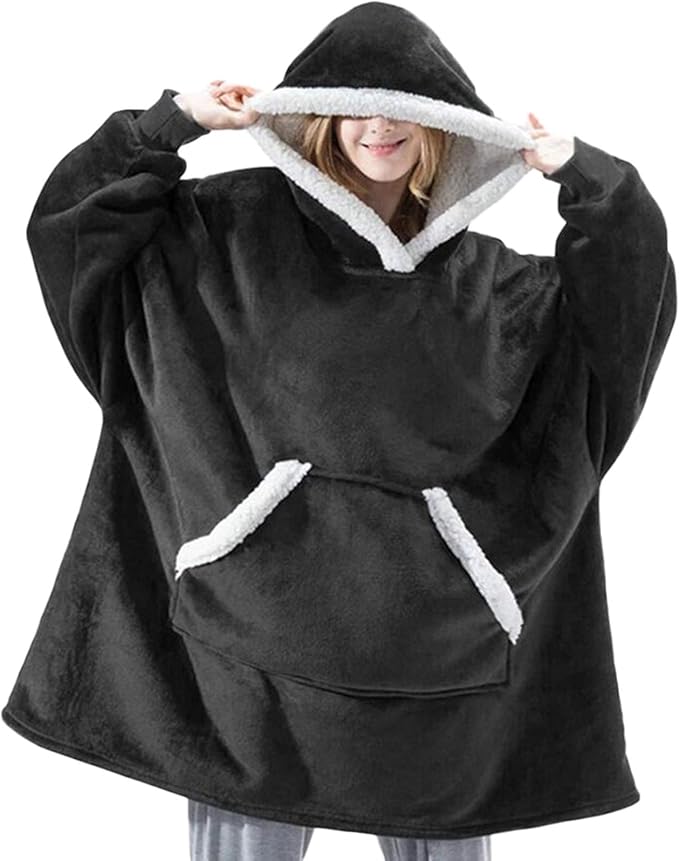 Blanket Hoodie Oversized Sweatshirt Thickened Warm Sherpa Hooded Blanket with Sleeves Front