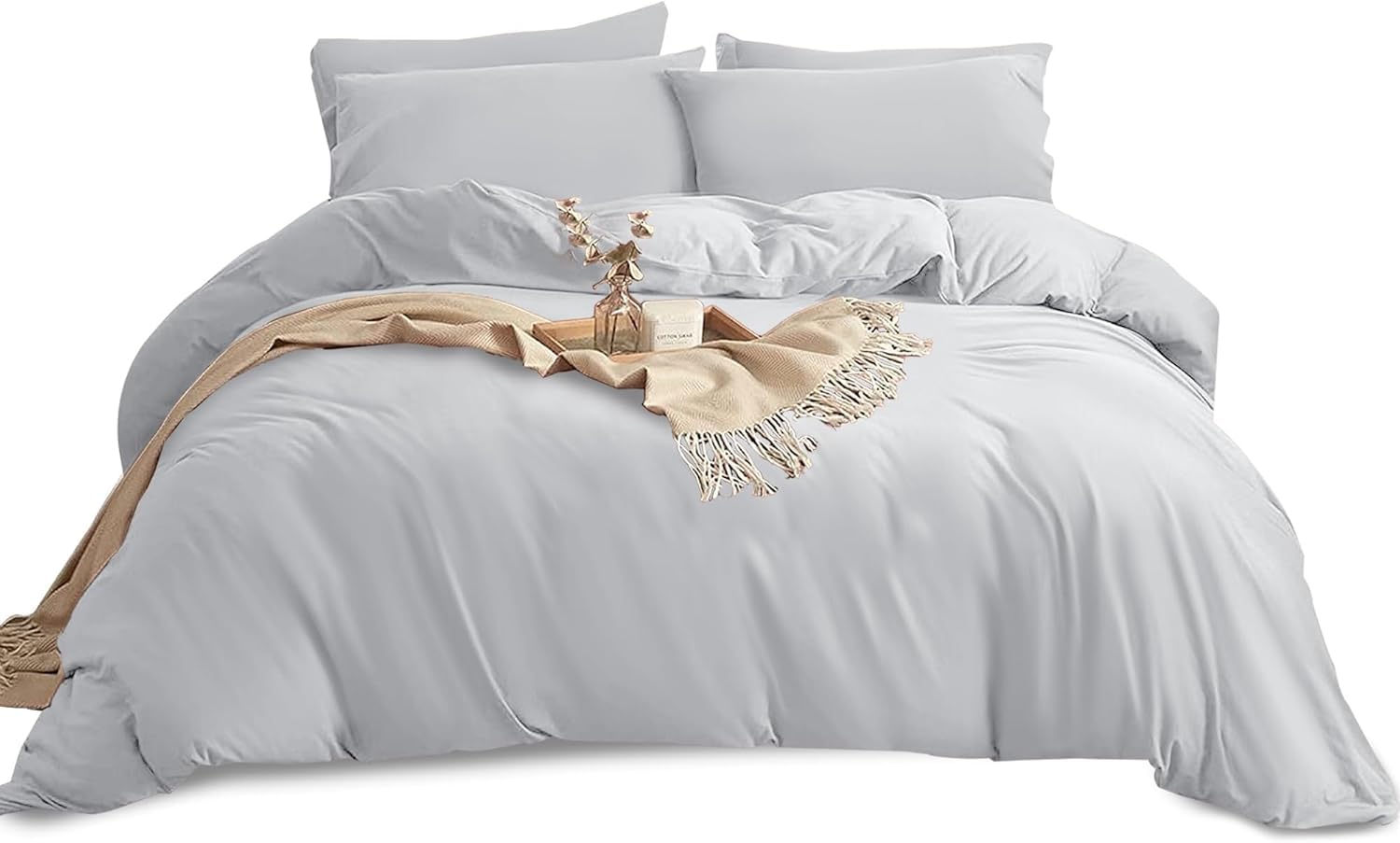 Yorkshire Bedding King Size Duvet Cover Sets Soft Breathable Brushed Microfibre Plain Duvet Cover with Pillow cases Button Closure Quilt Cover Bed Set Silver