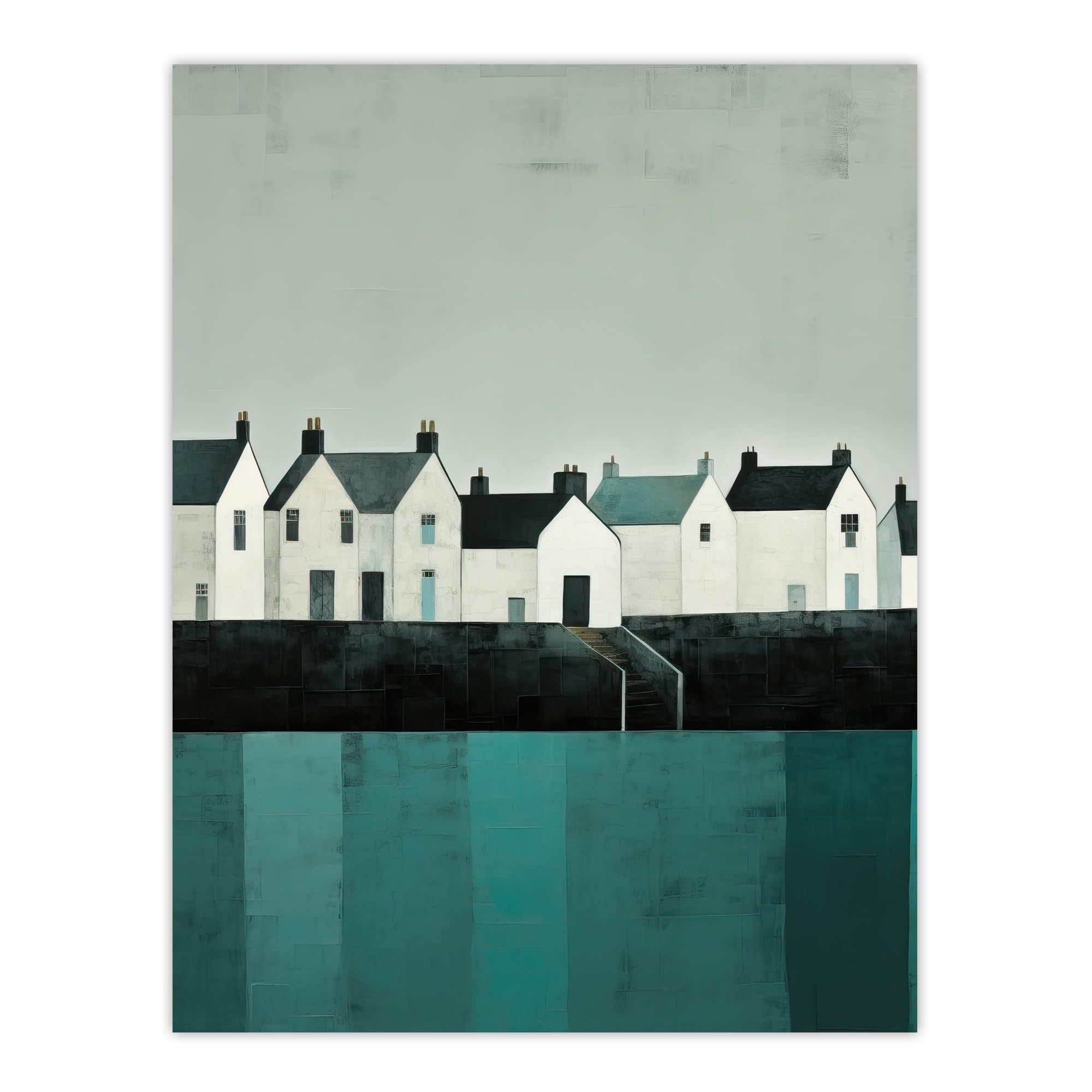 Wee Blue Coo Scottish Harbour Morning Grey Sky Quiet Sea Town Teal Blue Grey Oil Painting Extra Large XL Wall Art Poster Print