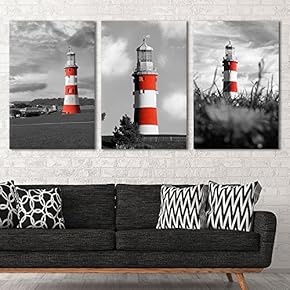 3 Panel Canvas Wall Art - Bright Color Lighthouse with Black and White Landscape - Giclee Print Gallery Wrap Modern Home Art Ready to Hang - 16"x24" x 3 Panels