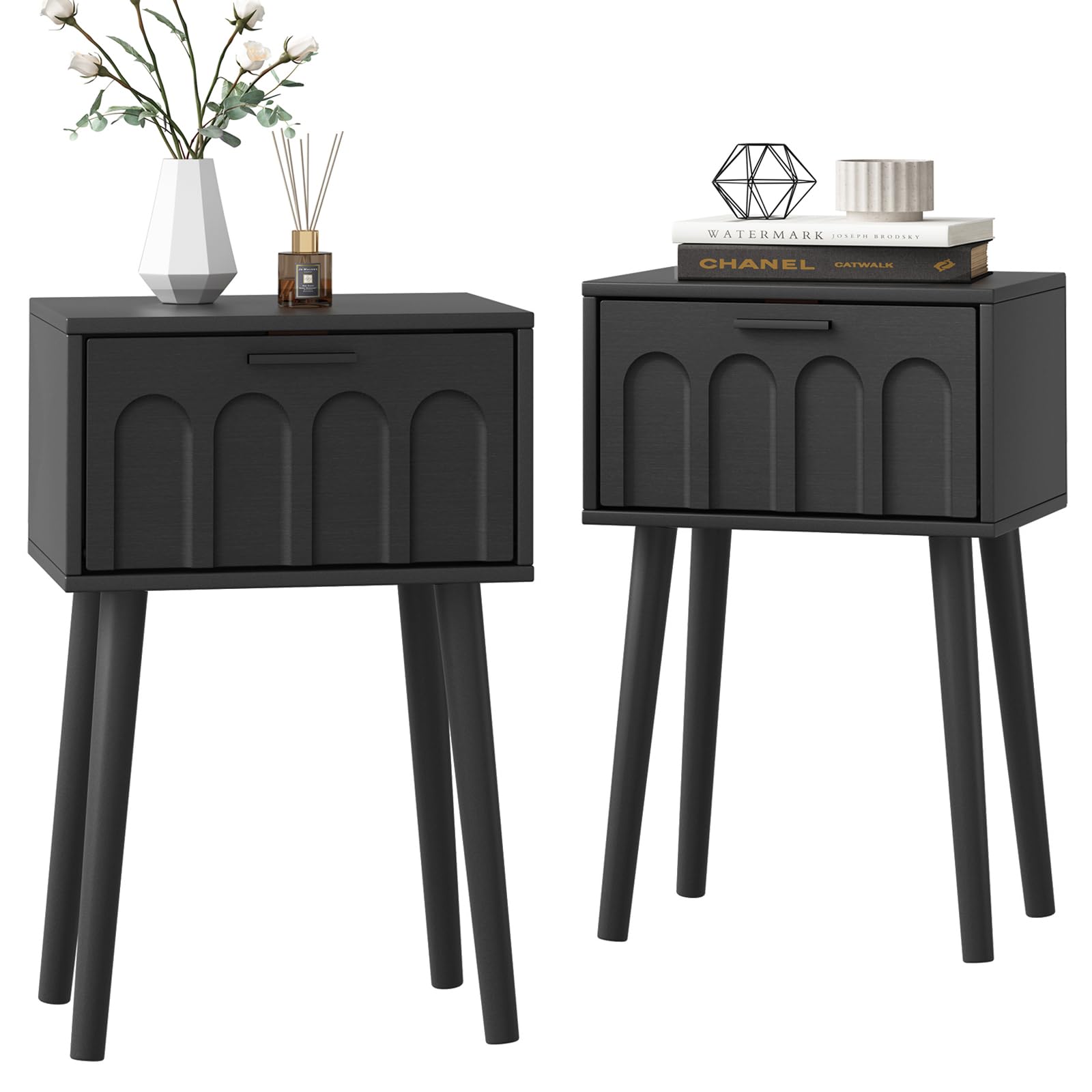 Photo 1 of LAATOOREE Nightstand Set of 2, Small Bed Side Table with Arch Door, Mid-Century End Table with Wood Legs for Bedroom, Small Space (Black)