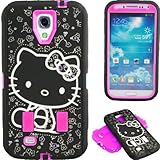 New Cute Hot Pink & Black Hello Kitty Hybrid Case for Samsung Galaxy S4 i9500 + Free Screen Protector & Stylus