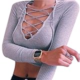 WANGSCANIS Sexy Women Long Sleeve Cross Bandage Plunge V Neck Punk Crop Top