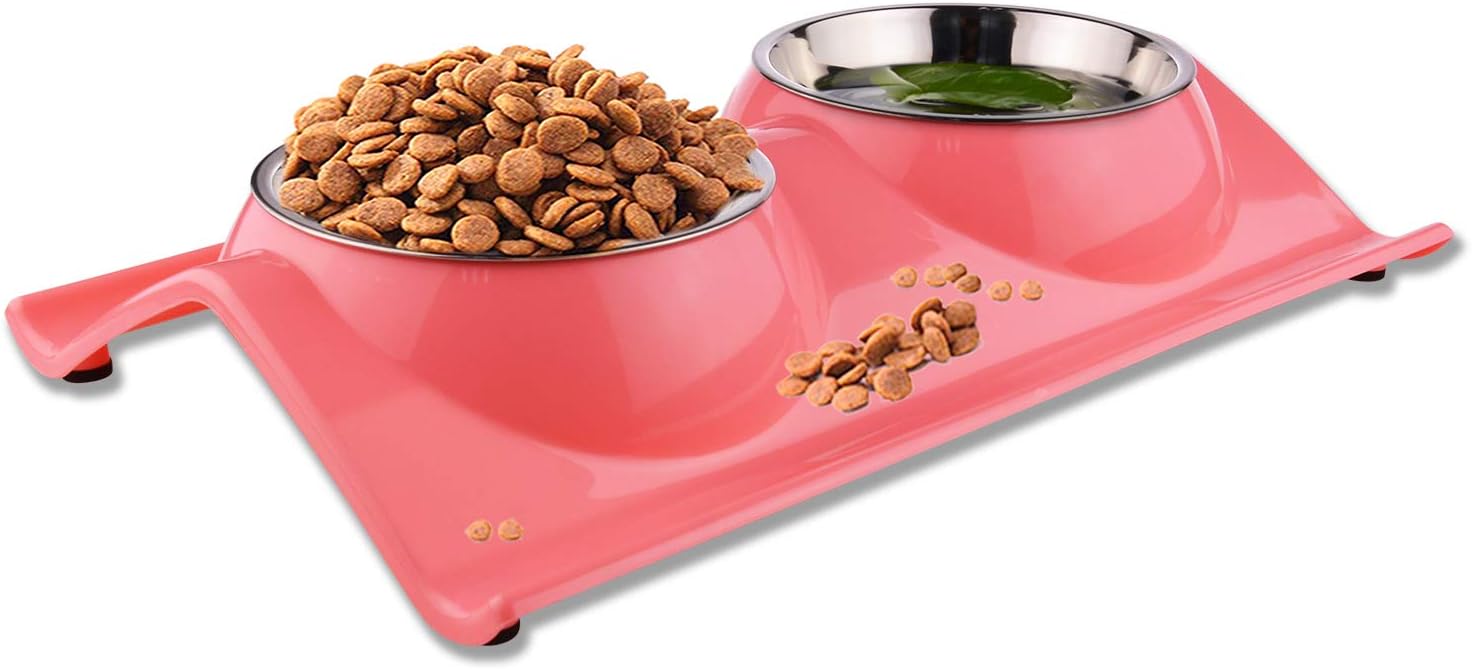 Pet Dog Bowl Food Water Dish Feeder Bowls Double Stainless Steel Cat Puppy Bowls No spill & No Skid for Small Animals (Pink)