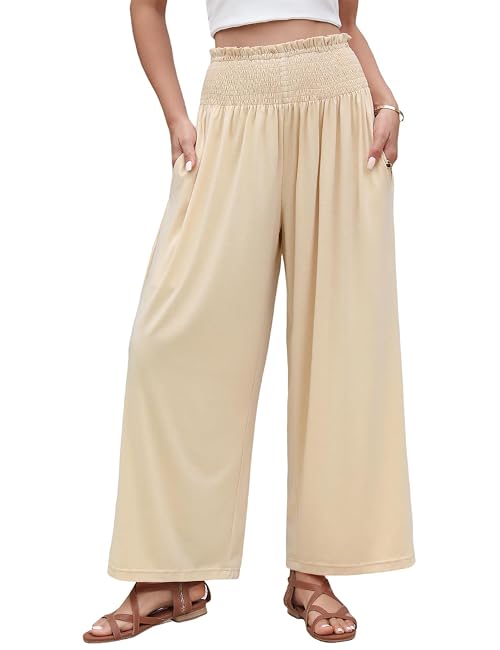 CMTOP Women's Wide Leg Trouser Elastic High Waist Palazzo Pants Summer Flowy Lounge Pant Baggy Solid Color Beach Pants with Pockets Khaki