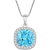 Inpasne Birthstone Necklace for Women 925 Sterling Silver Princess Cut Halo Necklace Pendant Jewelry Gifts for Her