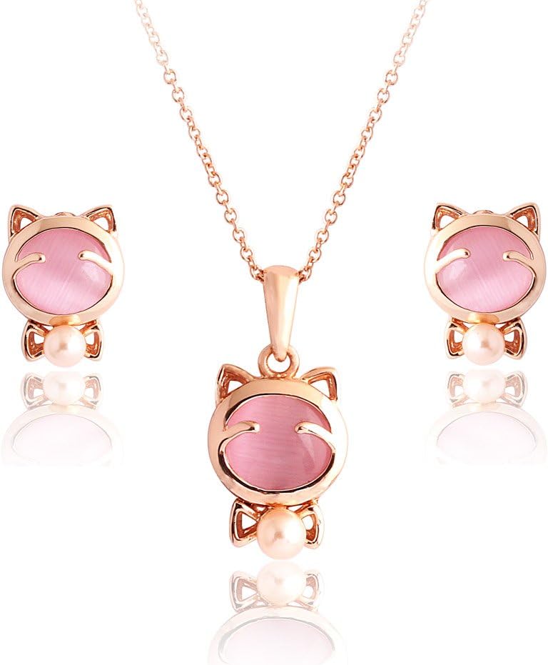 Acefeel Rose Gold Plated Kitty Mashimaro Pendant Pink Opal Cat Eye Pearl Necklace Earring Sets S054