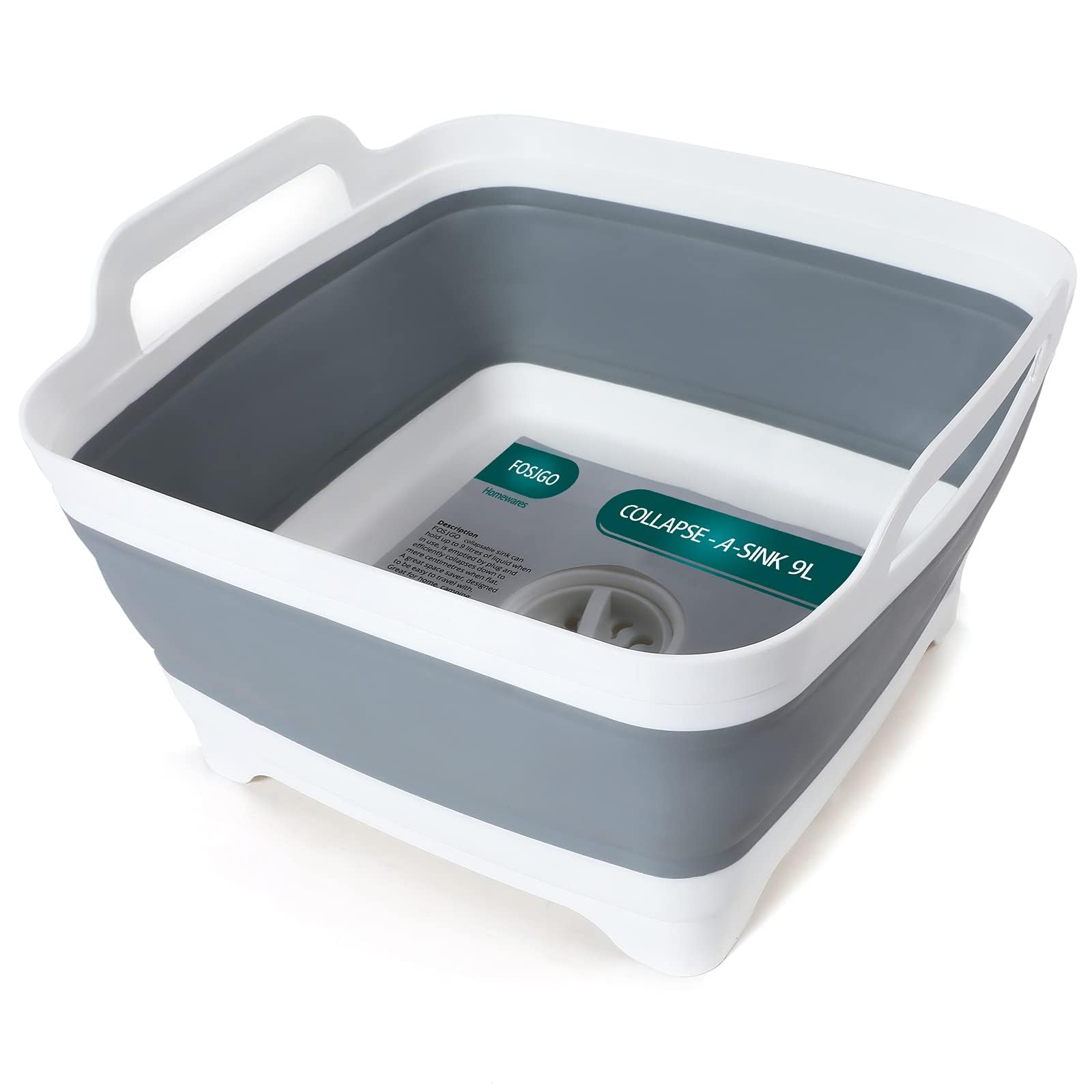 FOSJGO Collapsible Dish Basin with Drain Plug, Foldable Sink, 2.4 Gal (9L)