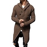 Esobo Mens Long Hooded Cardigan Button Up Knit Sweater Long Sleeve Cardigan Sweaters with Pockets