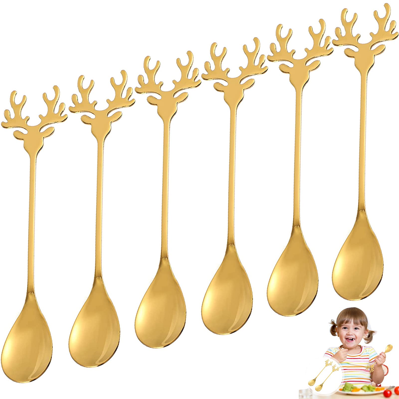 6 Pieces Stainless Steel Elk Spoon Dessert Spoon Christmas Spoon Creative Coffee Spoon Small Teaspoon (Gold)