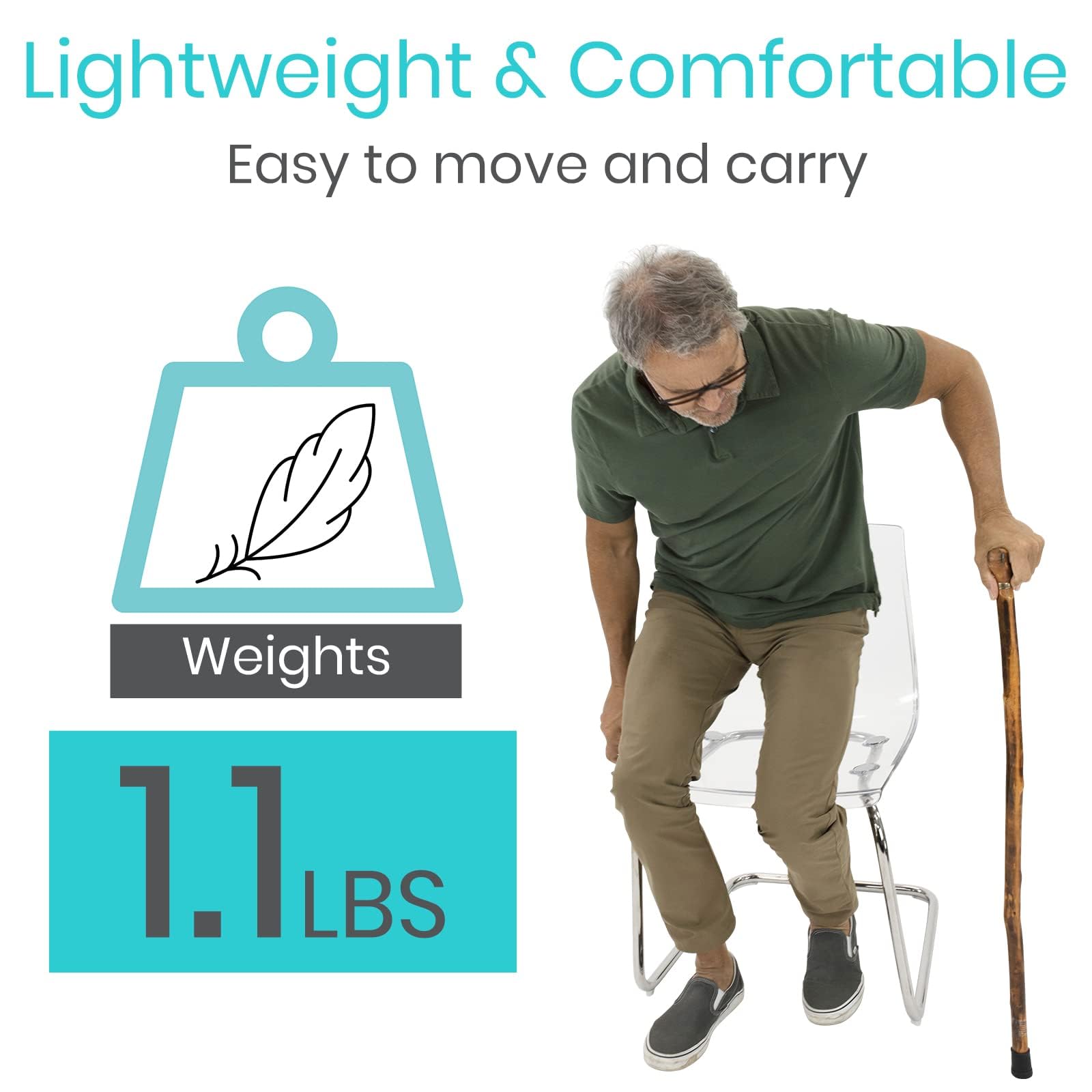 Vive Wooden Walking Stick Cane - for Men, Women, & Seniors - 36 Inch Single Point Rubber Tip with Willow Handle - Ergonomic Grip for Balance & Stability - Lightweight Elderly Assistance Product