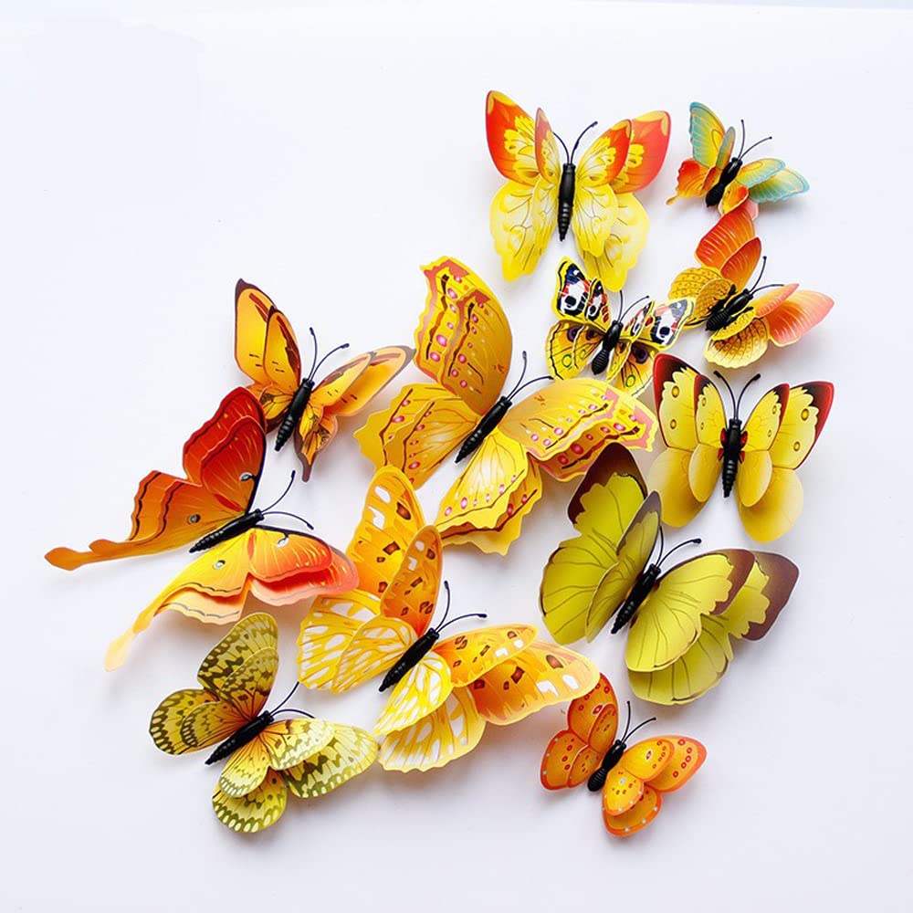 QGHSkOMk 12Pcs Yellow 3D butterfly wall decorations stickers Decor Wall Art Hanging Ornament Sculpture Garden Statues For Indoor Home Living Room Bedroom Outdoor backyard Porch Patio Fence