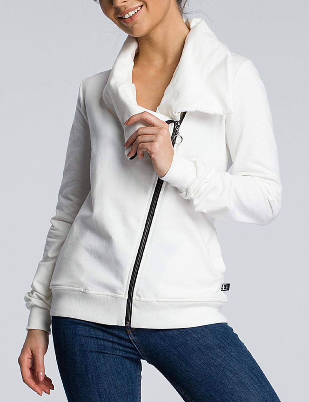milene88 Women New Jacket Irregular Neckline Zipper Closure Sweatshirt Fashion Hoodies White