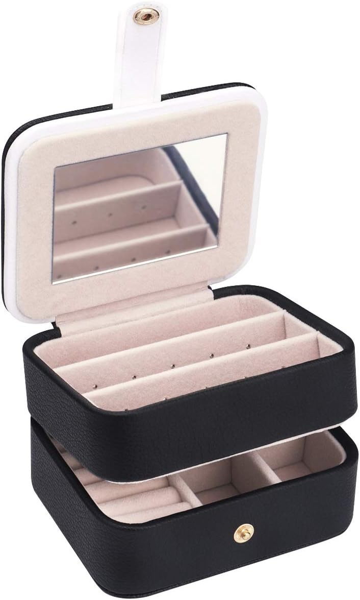 JL LELADY JEWELRY Small Travel Jewelry, Portable PU Leather Jewellery Case Two Layer Ring Box Earring Necklace Holder for Women Girls (Black)