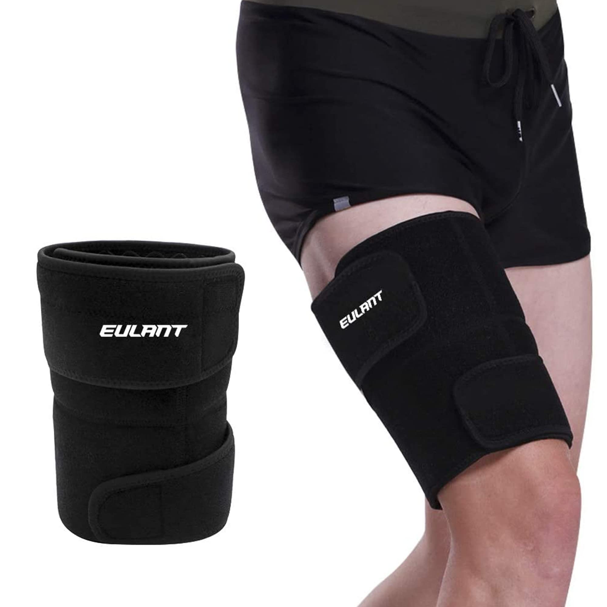 ONTYZZ Thigh Brace Support Strap Men Women Thigh Brace Supports Right & Left Leg Thigh Brace Bandage Hamstring Support Thigh Bands for Weightlifting Jogging Fitness Basketball Soccer Black-1 Pair