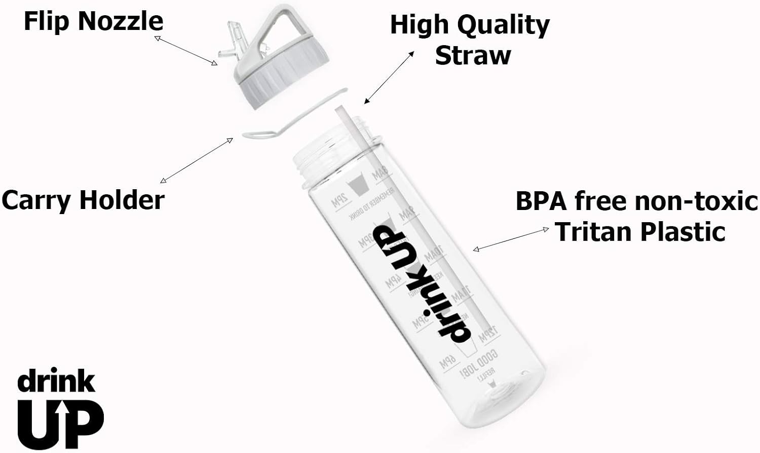 DrinkUp Motivational Water Bottle with Time Markings Straw, Black, 900 ml - Image 5