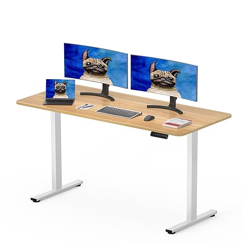 SANODESK 120 x 60cm Electric Standing Desk ONE PIECE Height Adjustable Desk Sit Stand Table Home Office Desk with Memory Smart Pannel for Work (White Frame+Maple Desktop)