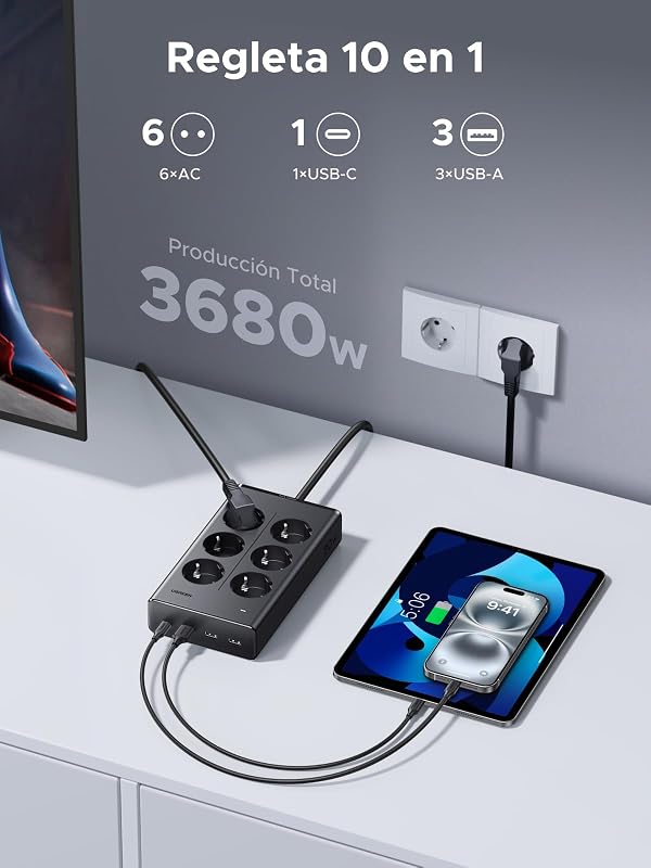 10 EN 1 Regleta Enchufe Multiple 6 Tomas AC 4 USB PD 20W 3680W 16A