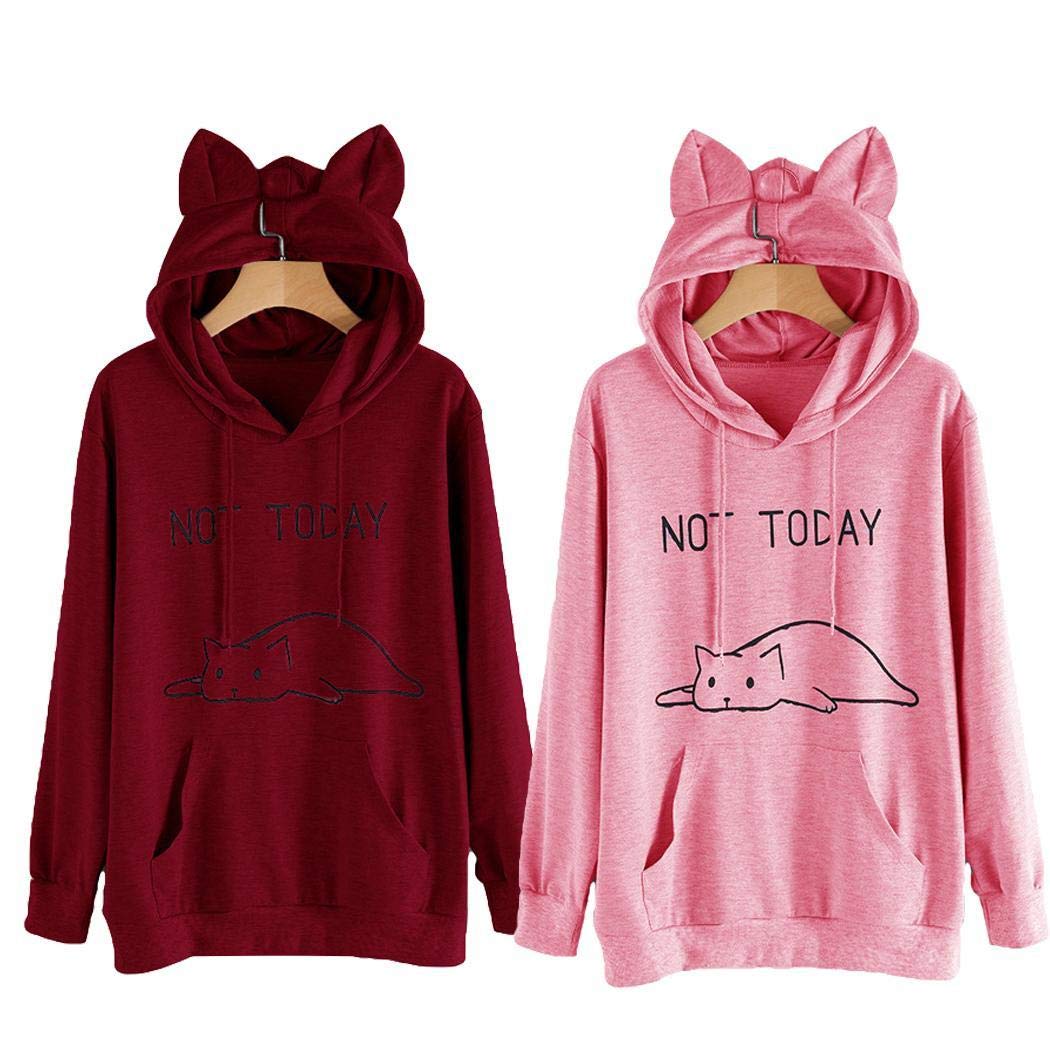 Weardear Women Print Long Sleeve Hooded Pullover Casual Sweatshirt Loose Ourwear Pullovers Dark Red